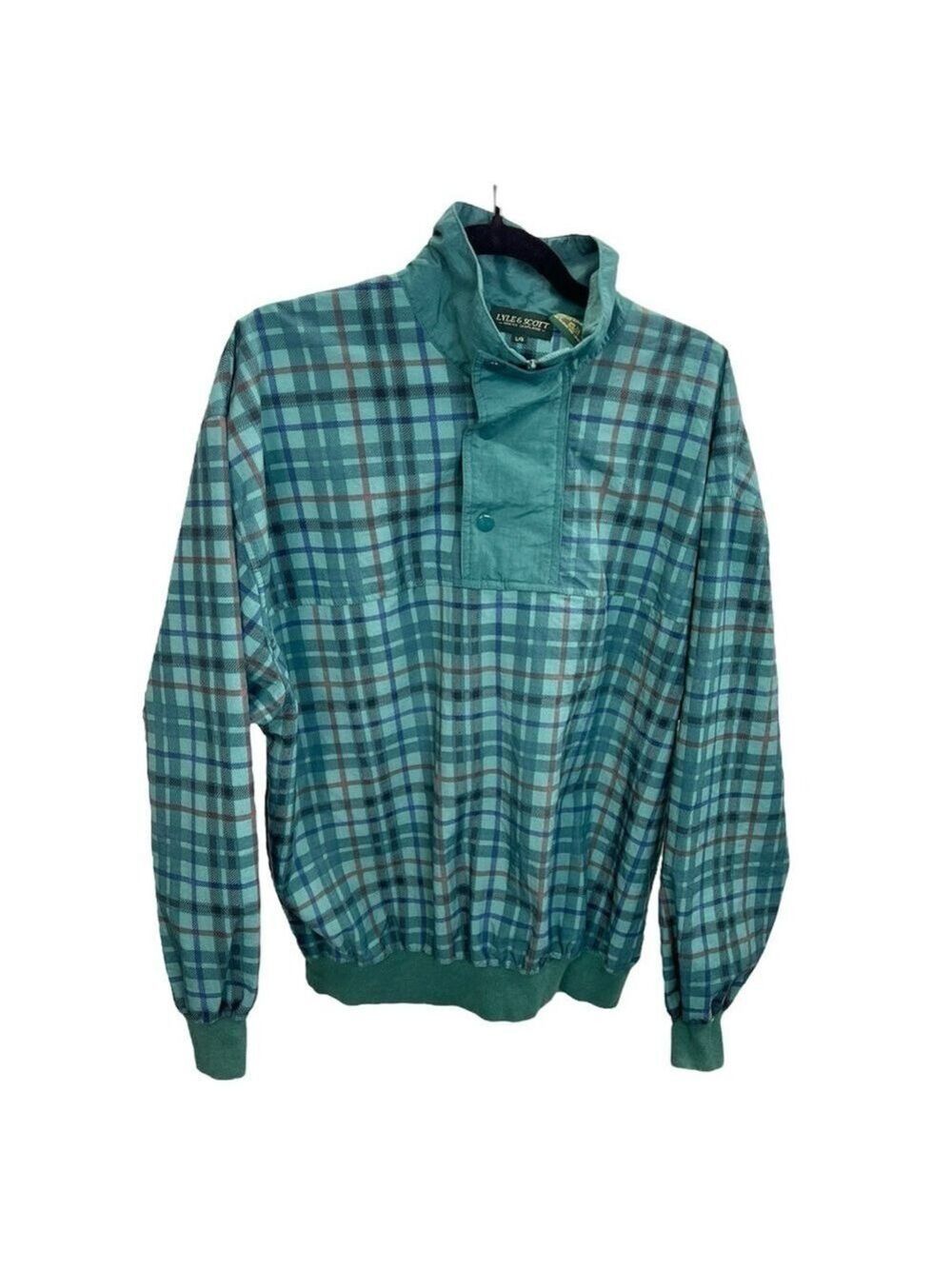 Vintage Lyle & Scott teal green plaid 1/4 zip pull over jacket L